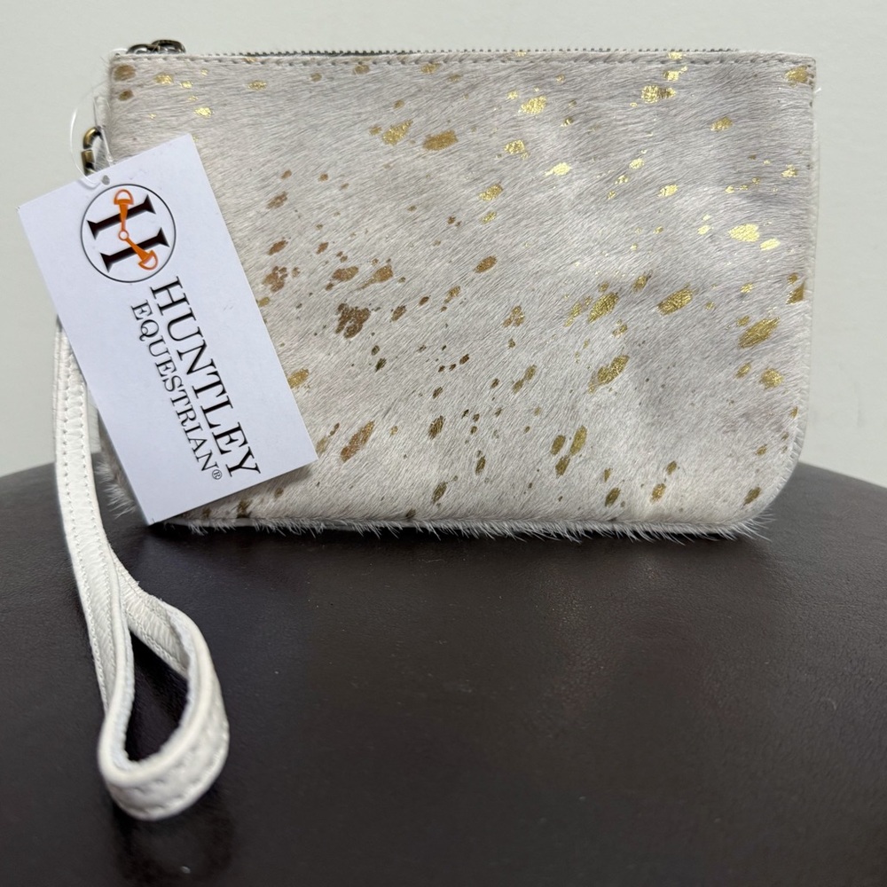 Huntley Equestrian Off White Metallic Gold Genuine Hide Golden Foil Wristlet New
